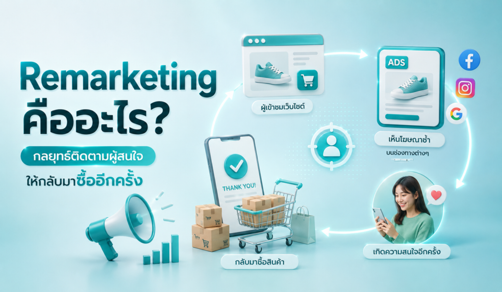 ภาพอินโฟกราฟิกอธิบายวงจร Remarketing แสดงการติดตามผู้เข้าชมเว็บไซต์ การเห็นโฆษณาซ้ำบนโซเชียลมีเดีย และการกลับมาสั่งซื้อสินค้าผ่านสมาร์ตโฟน